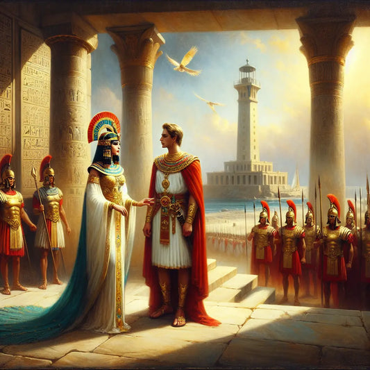Cleopatra in royal Egyptian robes and Julius Caesar in Roman toga stand on marble steps overlooking Alexandria, with Roman legionaries and the Lighthouse of Alexandria in the background, painted in a 1960s historical epic style.