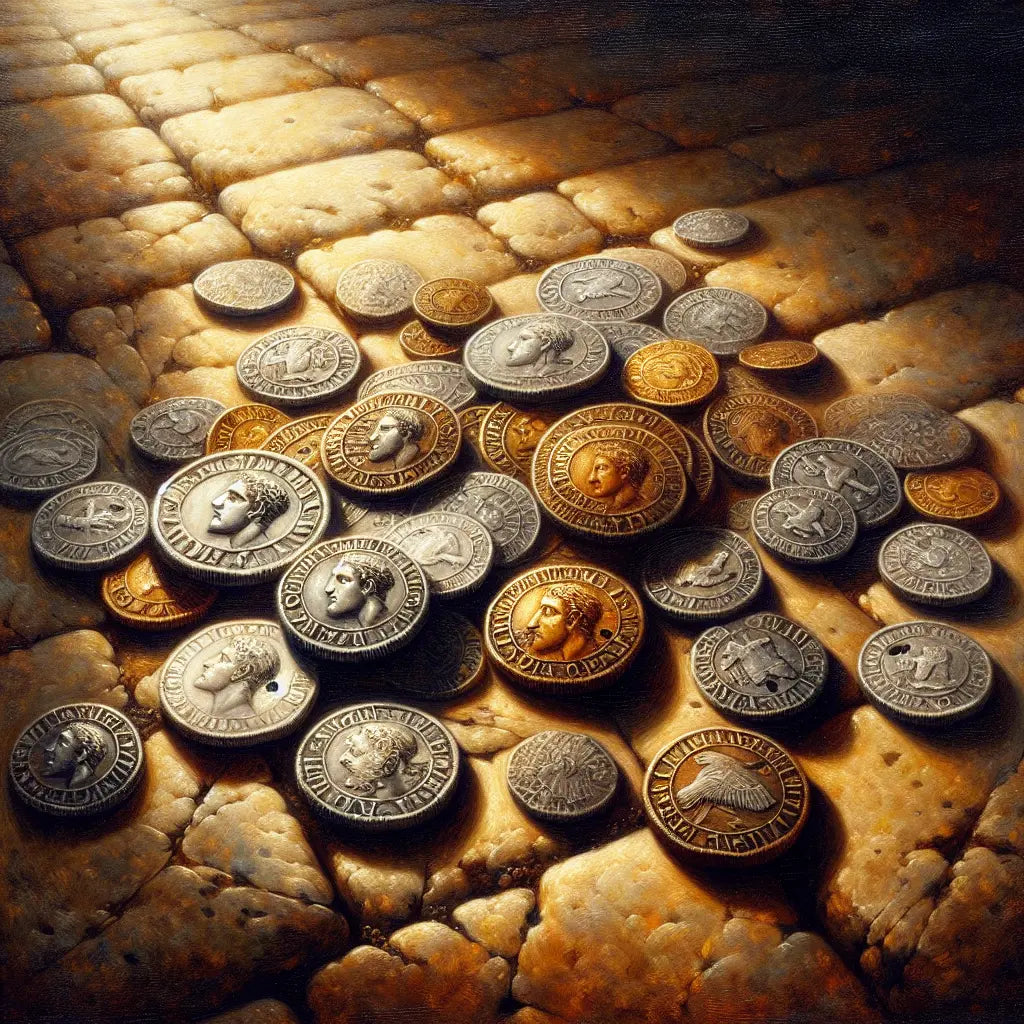 Close-up view of ancient Roman silver denarius coins with detailed inscriptions on a textured stone surface, lit by soft natural light highlighting the metal texture and age.
