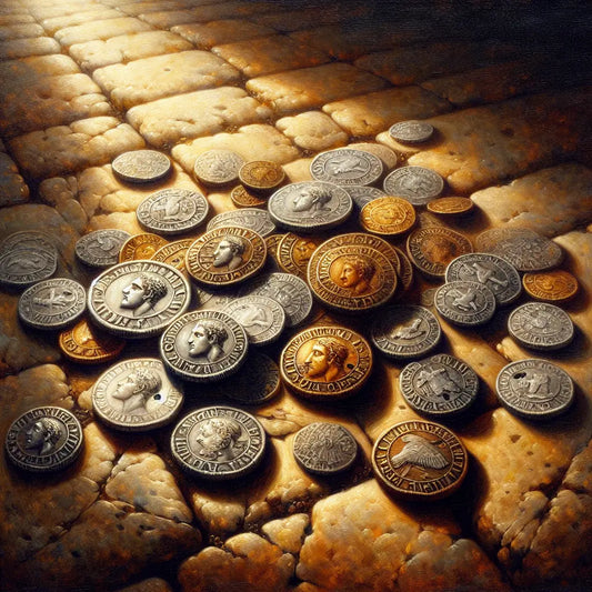 Close-up view of ancient Roman silver denarius coins with detailed inscriptions on a textured stone surface, lit by soft natural light highlighting the metal texture and age.