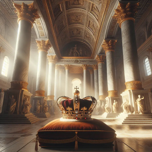 A regal Roman crown resting on a luxurious velvet cushion inside an ancient marble hall illuminated by golden sunlight filtering through tall windows, evoking imperial grandeur.