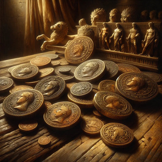 Ancient Roman bronze and silver coins with images of emperors and mythological creatures scattered on a rustic wooden table bathed in warm sunlight, painted in a 1960s historical epic style.
