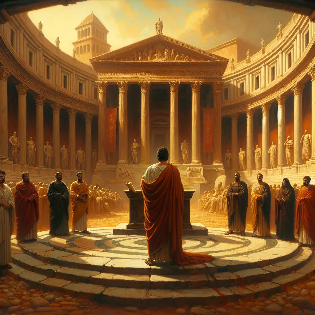 Jakob signing an important document in a Roman forum, surrounded by figures in traditional attire, captured in a cinematic painting style inspired by 1960s Roman epics.