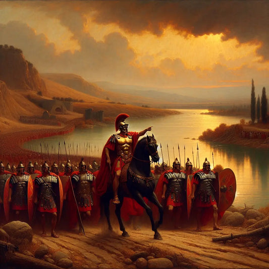 Julius Caesar leading his Roman legions across the Rubicon river under a dramatic cloudy sky, marking the start of civil war, painted in a cinematic 1960s historical epic style.
