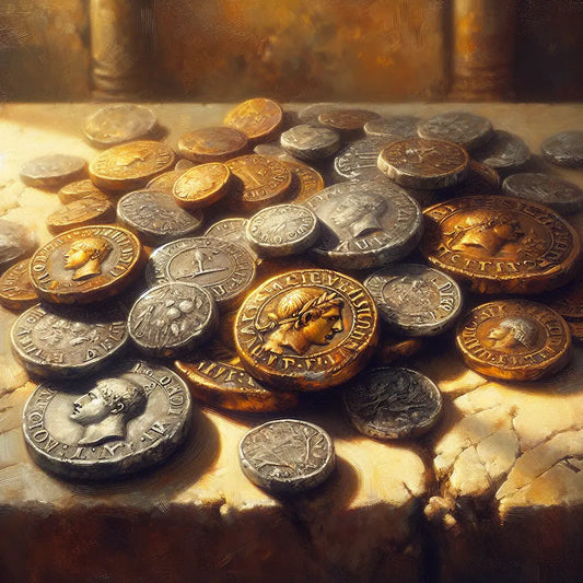 Close-up of scattered ancient Roman coins including denarius, sestertius, aureus, and as on a weathered marble slab showing worn engravings and metallic textures in warm daylight.