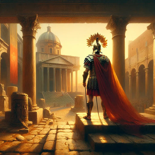 Roman soldier wearing a Civic Crown of oak leaves, standing proudly in the Roman Forum at sunset with warm golden light and ancient temples in the background.