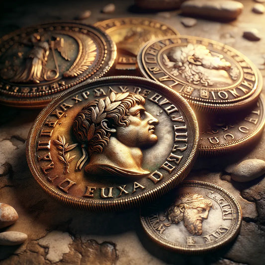 Close-up view of ancient Roman aureus, denarius, and sestertius coins showing detailed portraits of emperors and gods on a rustic stone background in a classical painting style.