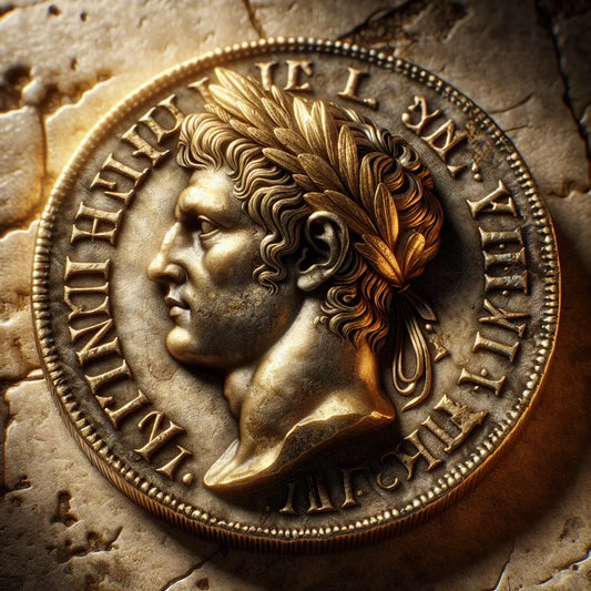 Close-up of an ancient Roman coin featuring a detailed emperor profile and Latin inscriptions against a textured stone background evoking ancient history.