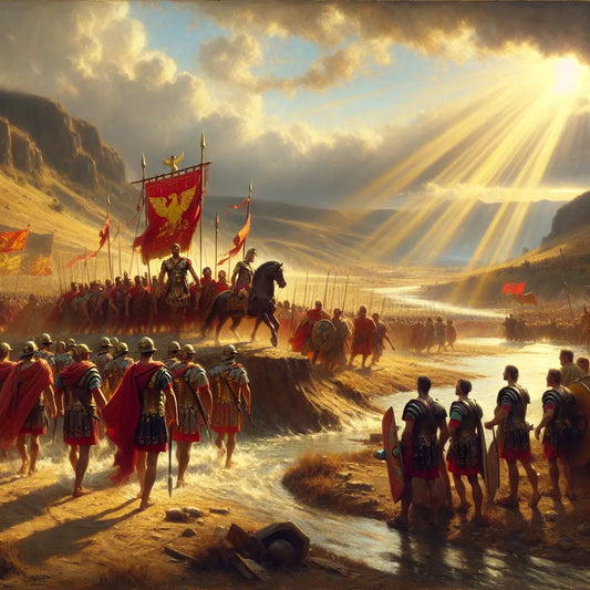 Julius Caesar leading Roman soldiers with bull emblems on shields and banners while crossing the Rubicon under a dramatic sky, in a cinematic 1960s epic painting style.