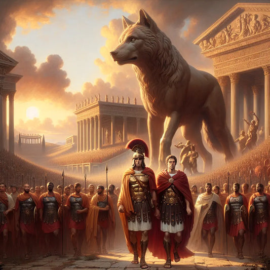 Romulus and Remus standing under a protective she-wolf statue with Roman legions marching past marble temples in the background, depicted in a cinematic 1960s historical epic painting style.
