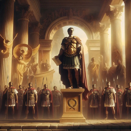 Marcus Aurelius in Roman imperial attire stands confidently in the Roman Forum, surrounded by Roman soldiers and ancient symbols, rendered in the style of classic 1960s Roman historical epics.