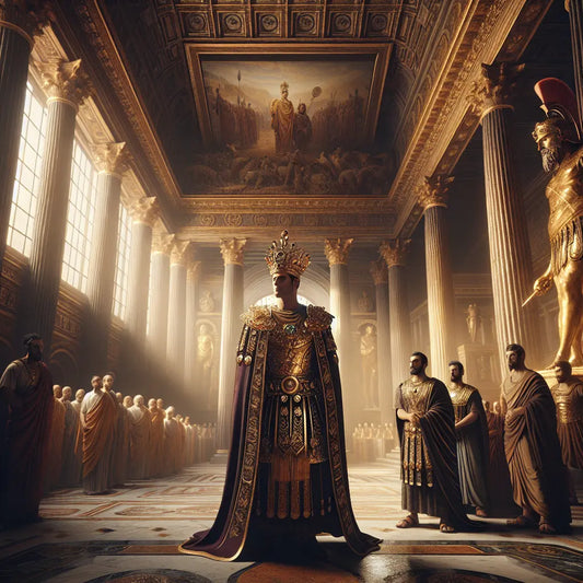 Ancient Roman emperor wearing a jeweled golden imperial crown and purple toga, standing in a lavish palace hall with Corinthian columns bathed in warm golden light, inspired by 1960s historical epic films.