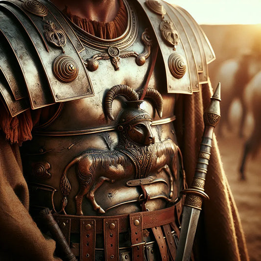 Close-up of ancient Roman soldier armor with stylized bull emblem and traditional insignia from the Gallic War era, painted in a classical style.