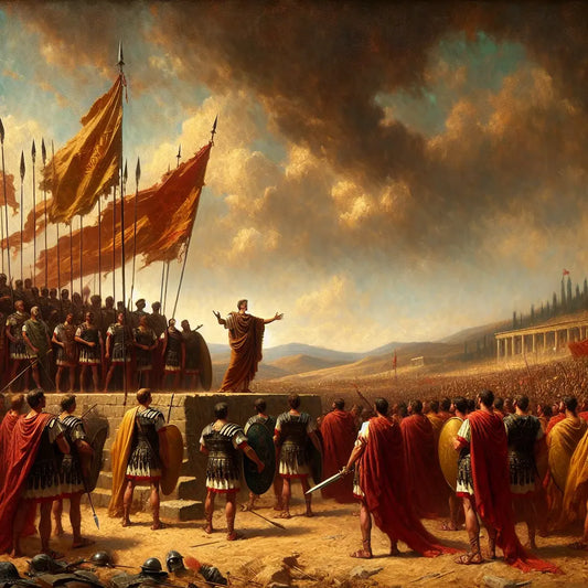 Julius Caesar addressing Roman legion soldiers on a vast battlefield with Roman banners waving under a dramatic sky in a cinematic 1960s historical epic style.