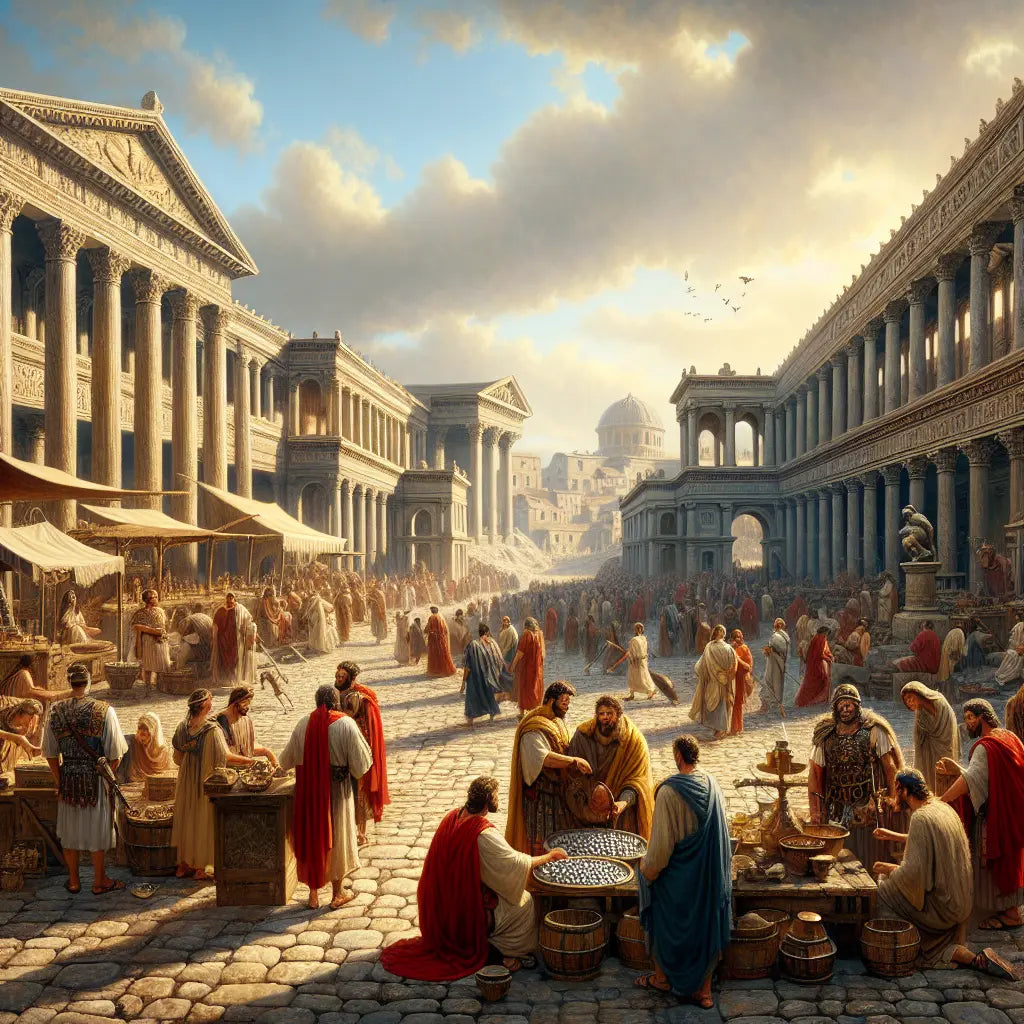 A vibrant Roman marketplace scene under a bright sunlit sky with merchants, laborers, and Roman soldiers exchanging silver coins, depicted in the style of classic 1960s historical epics.