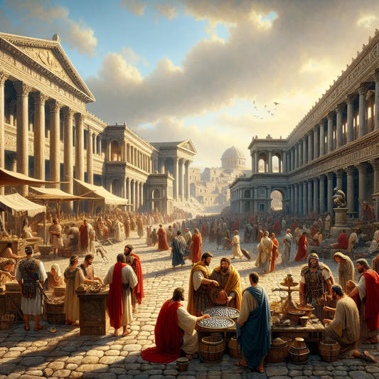 A vibrant Roman marketplace scene under a bright sunlit sky with merchants, laborers, and Roman soldiers exchanging silver coins, depicted in the style of classic 1960s historical epics.