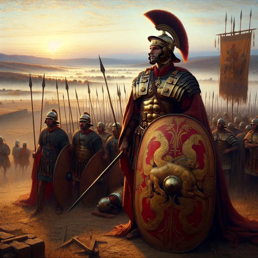 Ancient Roman soldier holding a shield with a charging bull emblem, standing on a misty battlefield at dawn with the Roman standard fluttering behind.
