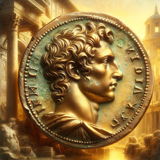 Close-up view of an ancient Roman coin with the detailed profile of an emperor, set against warm-lit ruins of ancient Roman architecture.