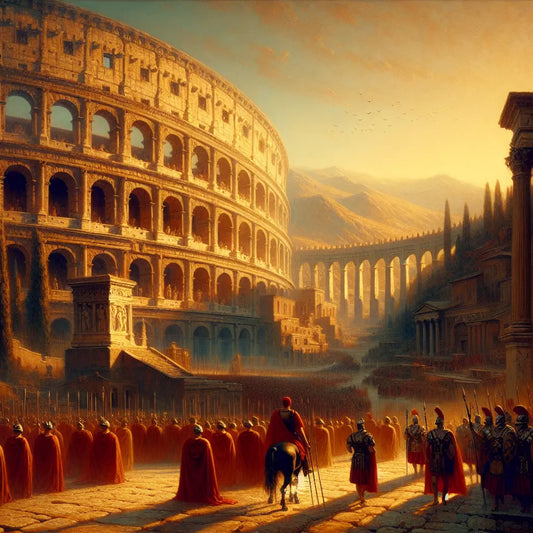 A majestic dawn in an ancient Roman city featuring the Colosseum, aqueducts in the background, and Roman legions marching in formation under warm sunlight, inspired by classic 1960s historical films.