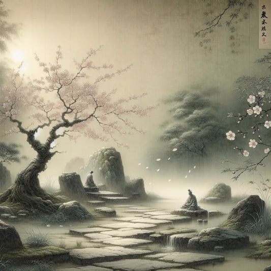 A minimalist Japanese landscape under blooming cherry blossoms with subtle anime-style figures blending quietly into the serene, pastel-hued background.