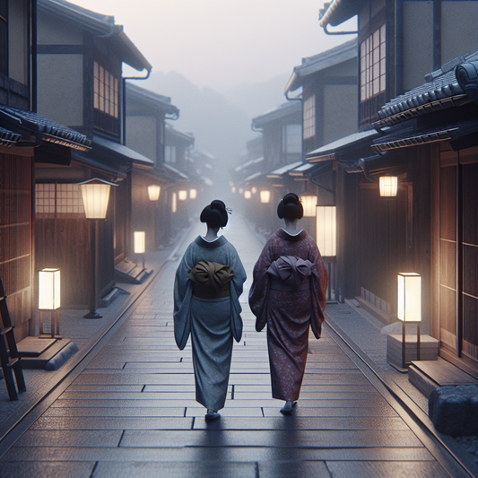 Two women in traditional kimonos gracefully walking along a quiet early 20th-century Japanese wooden street at dusk, embodying cultural elegance in a minimalist setting.
