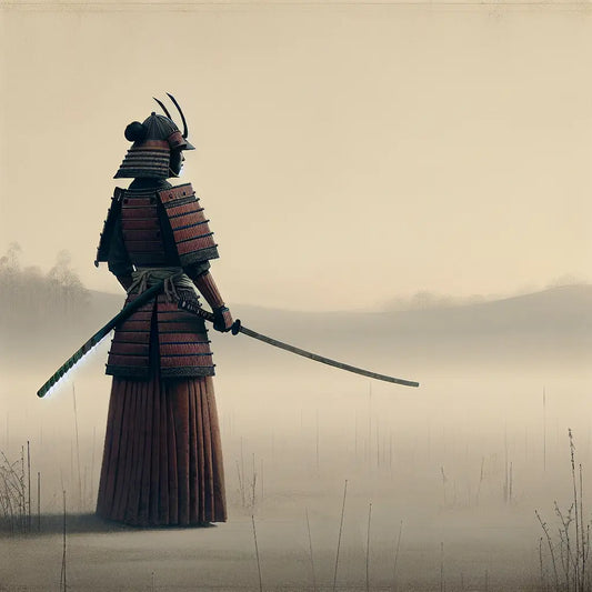 A solitary female samurai in traditional armor holding a naginata stands resolute on a misty battlefield at dawn, embodying honor and courage in a serene, minimalist Japanese style.