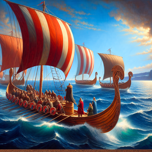 Majestic Viking longship with red and white striped sails sailing on a bright blue ocean under clear skies, styled like a classic 1960s epic painting.