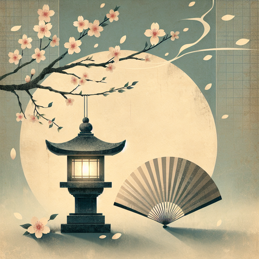 A serene minimalist collage inspired by Japanese art, featuring symbolic elements of sakura, stone lantern, and paper fan representing diverse anime themes, with soft indigo and beige tones and drifting petals for a quiet, elegant atmosphere.