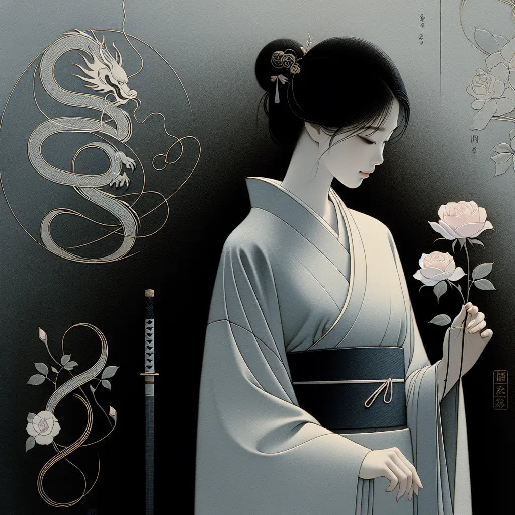 A stylized anime-inspired serene Japanese woman holding a delicate rose amid subtle dragon and samurai sword motifs on a dark, softly lit background — elegant, minimal, and symbolic.
