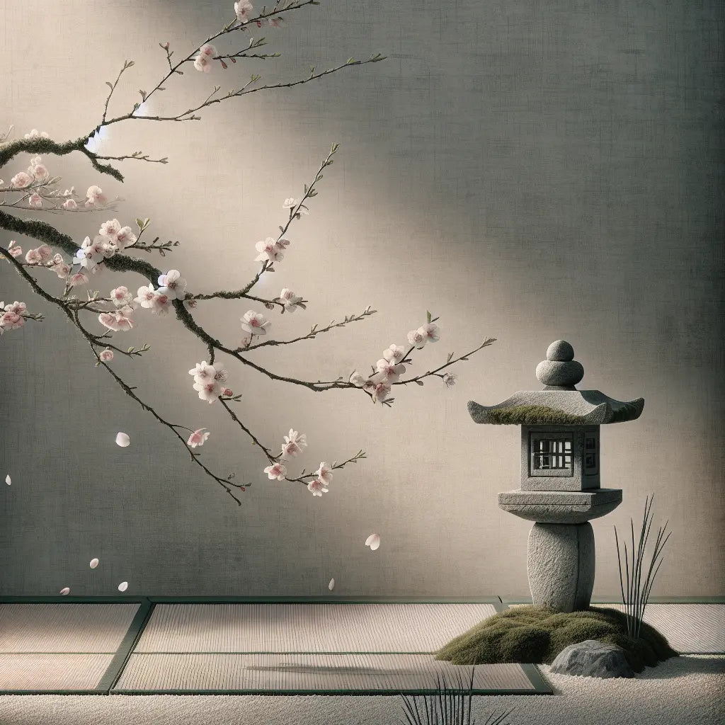 A delicate cherry blossom branch with falling petals beside a moss-covered stone lantern in a misty traditional Japanese garden, minimal and serene.