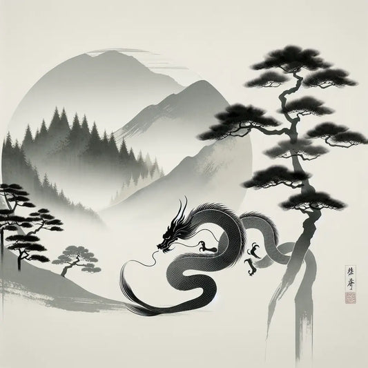 A subtle ink brush style dragon blending with ancient pine trees in a serene misty Japanese forest; minimalist and contemplative imagery symbolizing mythological wisdom.