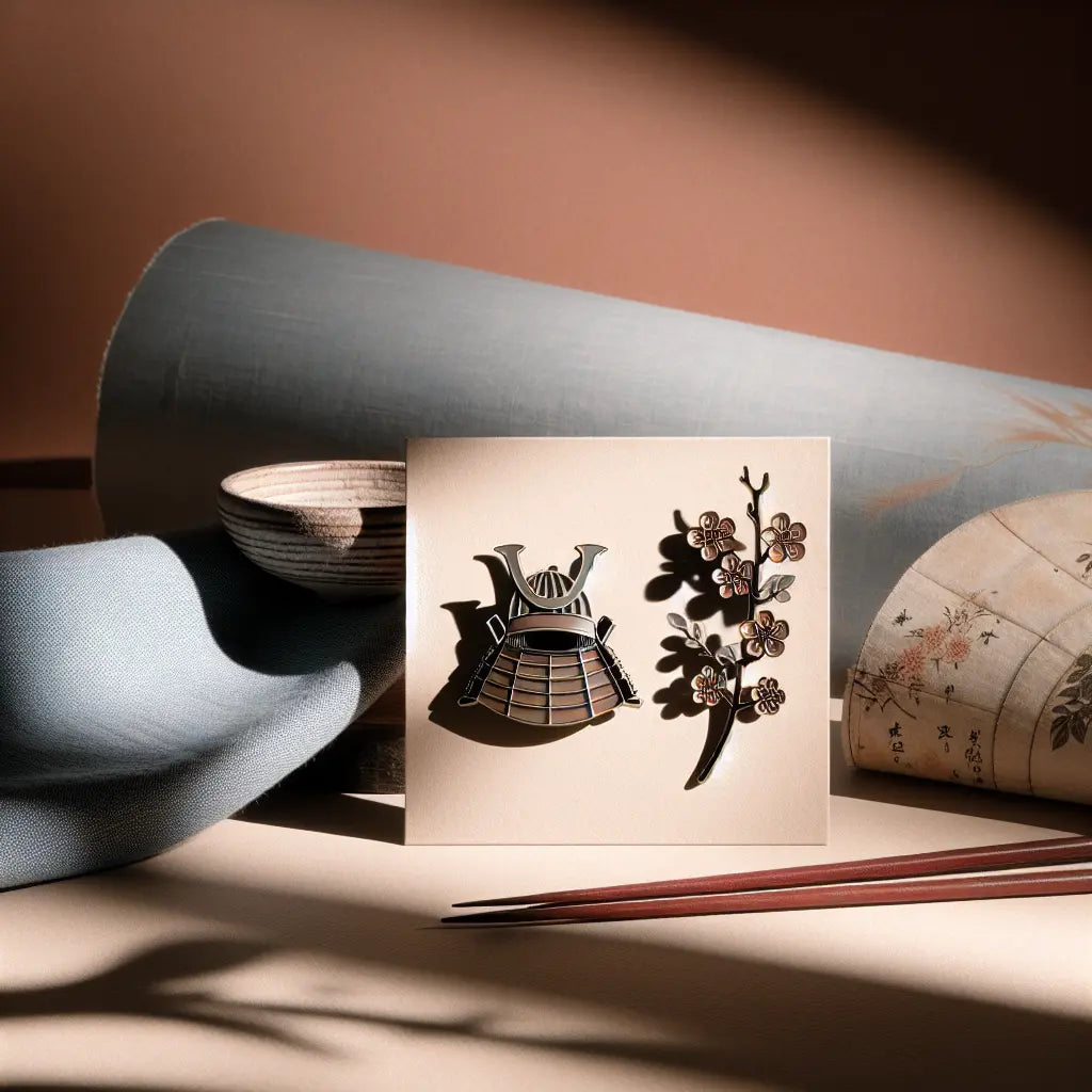 Minimalist vintage-style display of two elegant enamel pins featuring a samurai helmet and cherry blossom motifs, set on a soft fabric background with muted traditional colors.