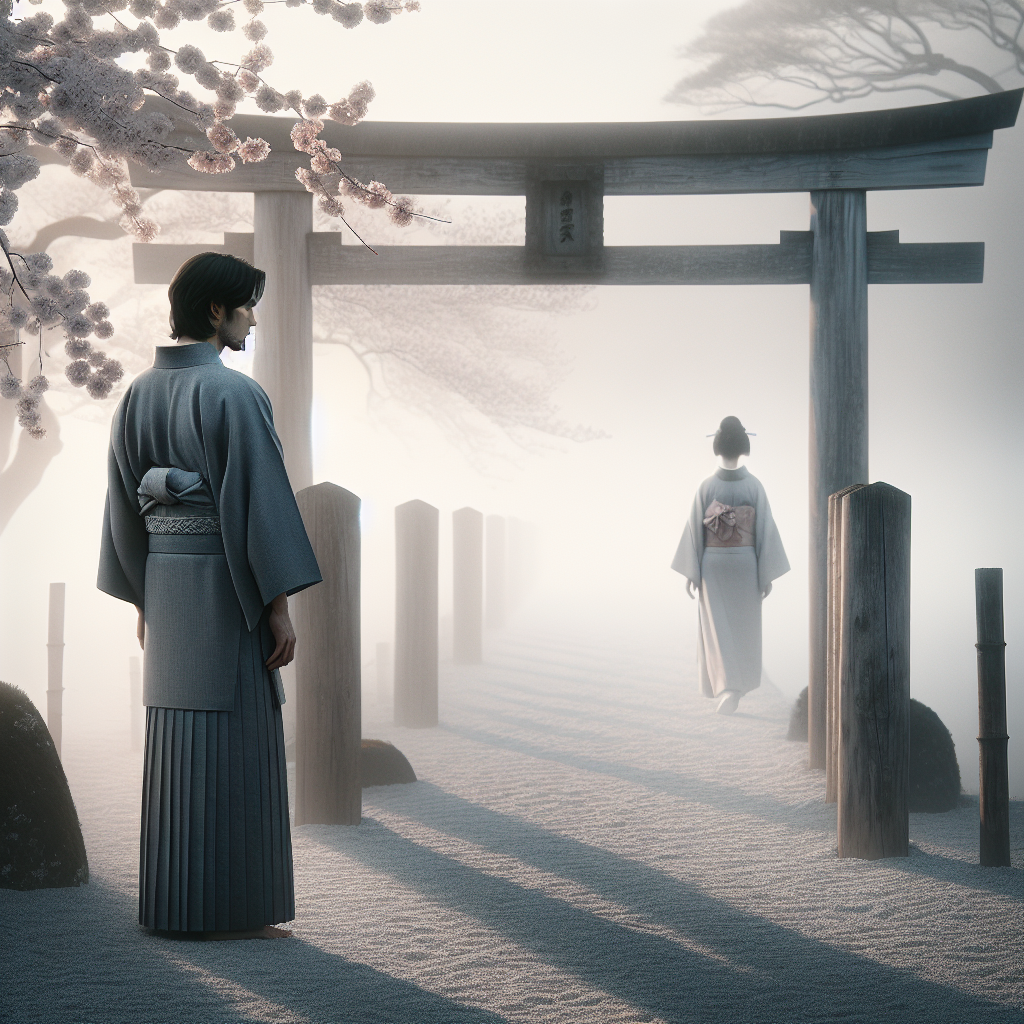 A solitary figure in a muted kimono stands near a wooden torii gate under soft morning mist, watching another figure walk away through sakura blossoms, conveying quiet heartbreak and emotional distance in a minimalist Japanese-inspired scene.