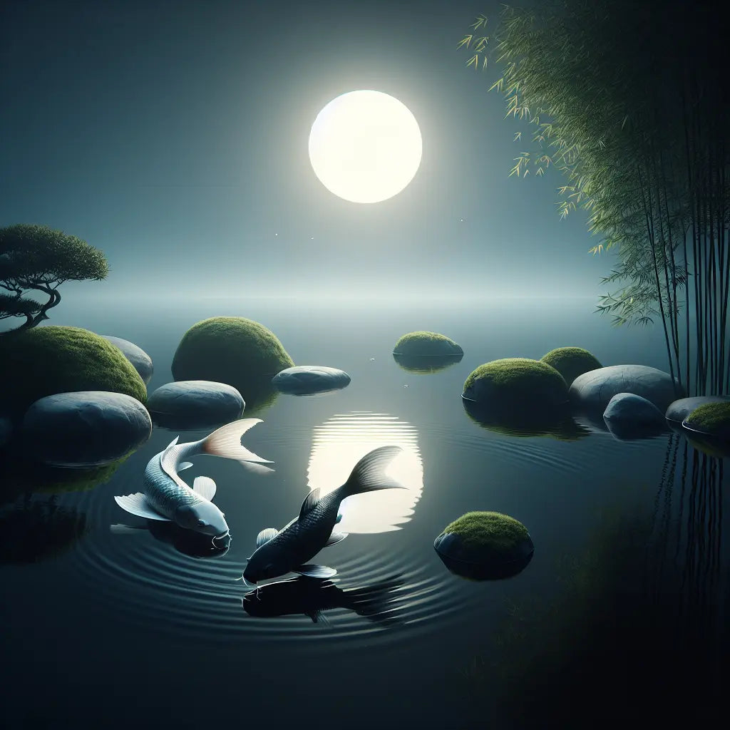 Two elegant koi fish swimming gracefully under soft moonlight on a tranquil pond with gentle water reflections, embodying yin and yang balance and serenity.