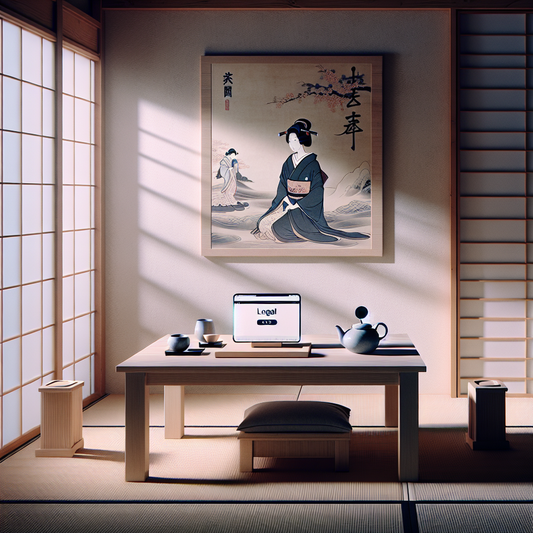 A minimalist digital device in a traditional Japanese tatami room displaying a simple legal anime streaming interface, accompanied by calm ink-style anime characters arranged with serene balance and soft natural light.