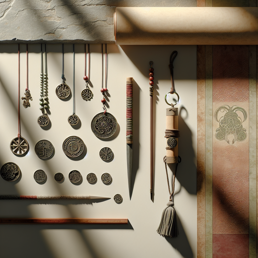 Minimalist jewelry inspired by traditional Japanese, Roman, and Viking motifs with subtle Re Zero anime influence, arranged elegantly on a textured ancient cultural background.