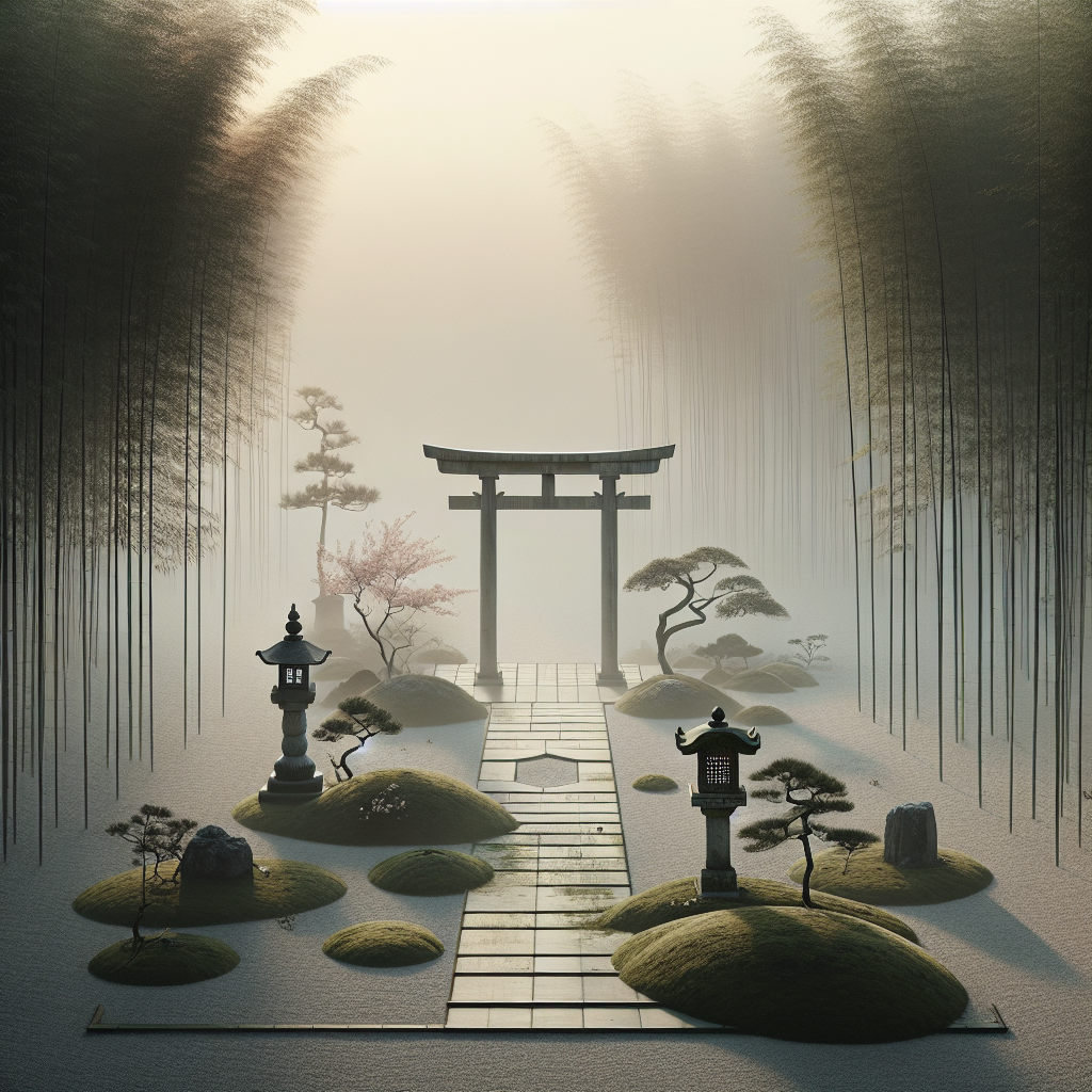 A minimalist traditional Japanese scene with a moss-covered stone lantern and torii gate surrounded by bamboo and cherry blossom petals in soft early morning light, evoking calm and timeless beauty.