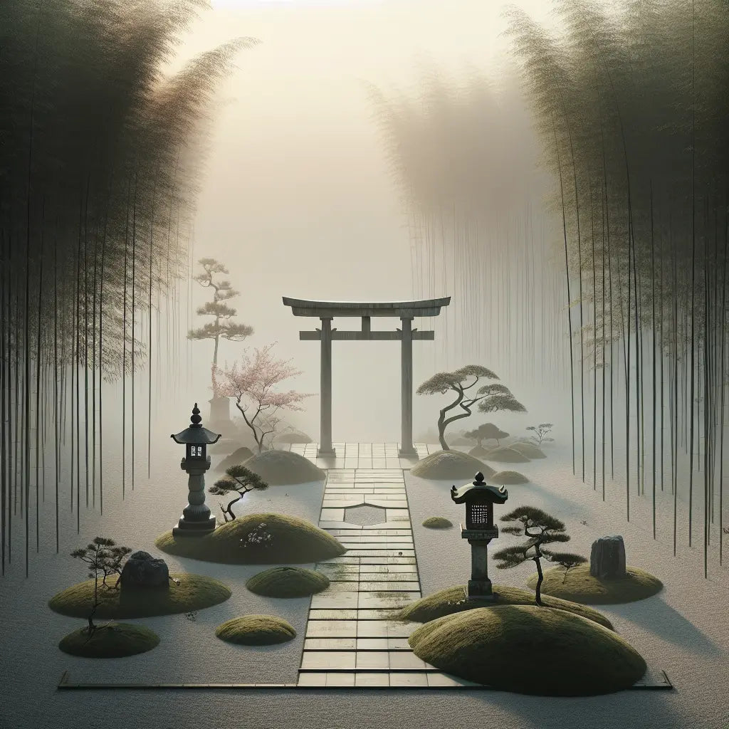 A minimalist traditional Japanese scene with a moss-covered stone lantern and torii gate surrounded by bamboo and cherry blossom petals in soft early morning light, evoking calm and timeless beauty.