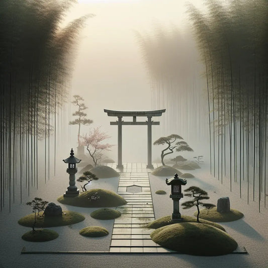 A minimalist traditional Japanese scene with a moss-covered stone lantern and torii gate surrounded by bamboo and cherry blossom petals in soft early morning light, evoking calm and timeless beauty.