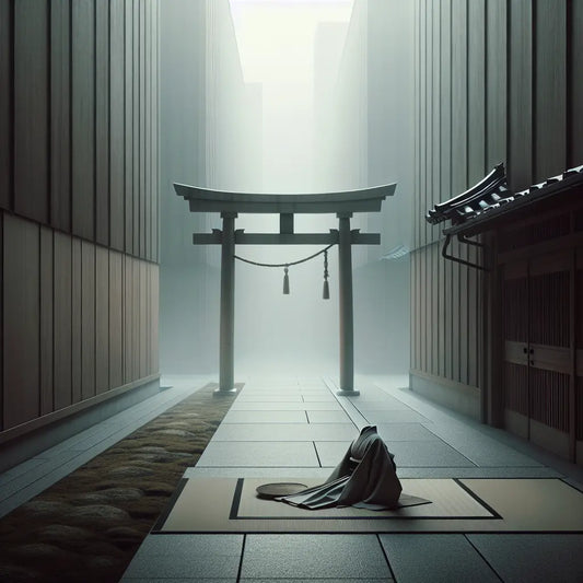 A serene wooden torii gate beside a folded kimono on a tatami mat in a misty Japanese alley, minimalist and peaceful.