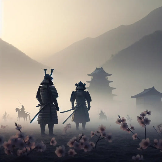 Two solemn samurai warriors in traditional armor stand quietly on a misty dawn battlefield with soft cherry blossoms falling and ancient castles in the background, in a minimalist Japanese style.