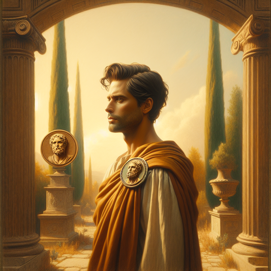 A calm modern person wearing an enamel pin of philosopher Epictetus, set in a serene, Roman-inspired landscape symbolizing wisdom and mental strength, painted in a 1960s historical epic style.