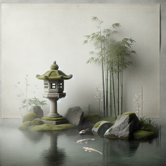 Minimalist Japanese moss-covered stone lantern by koi pond with bamboo and early morning mist, serene and balanced.