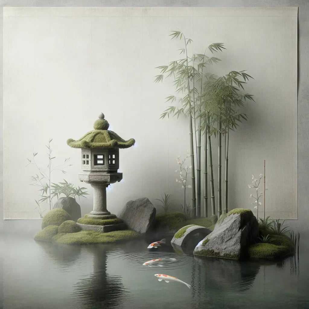 Minimalist Japanese moss-covered stone lantern by koi pond with bamboo and early morning mist, serene and balanced.