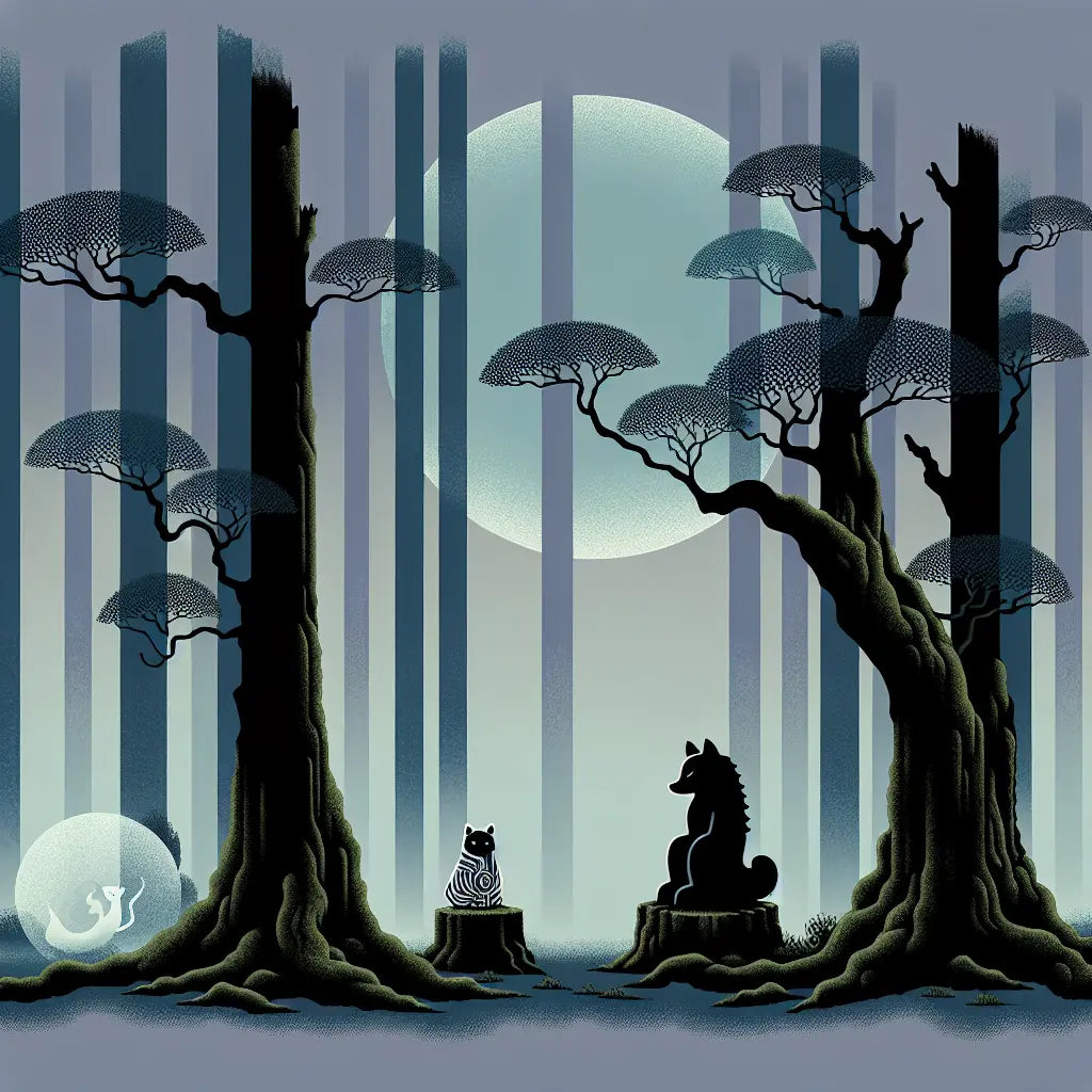 A serene twilight Japanese forest scene with subtle yokai spirits tanuki and kappa among mist and ancient trees in a minimalist traditional style.