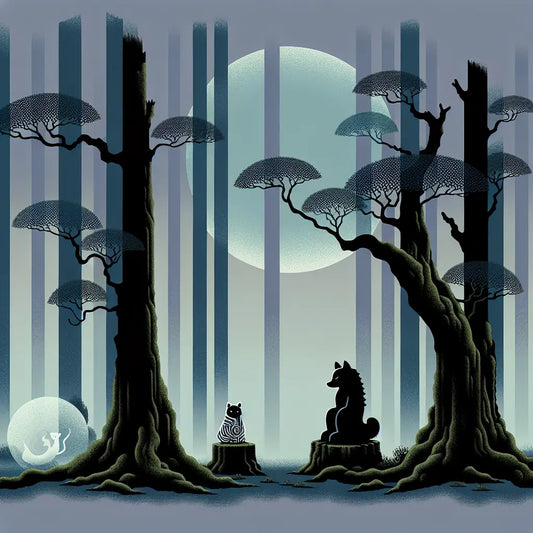A serene twilight Japanese forest scene with subtle yokai spirits tanuki and kappa among mist and ancient trees in a minimalist traditional style.