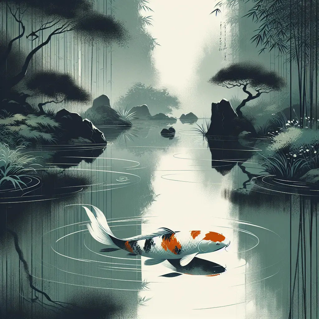A serene koi fish with orange, white, and black patterns swimming in a tranquil Japanese garden pond surrounded by lush greenery and calm water reflections, minimalistic and peaceful.