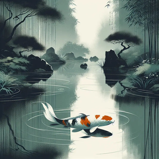 A serene koi fish with orange, white, and black patterns swimming in a tranquil Japanese garden pond surrounded by lush greenery and calm water reflections, minimalistic and peaceful.