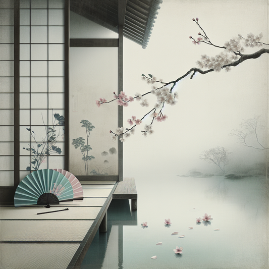 An elegant minimalist Japanese scene with sakura petals drifting over still water, folded silk fans with subtle playful motifs resting on tatami mats, conveying refined teasing charm through traditional elements.