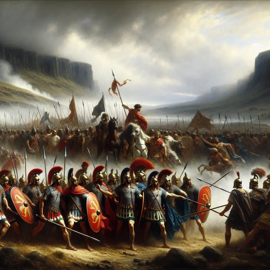 Roman soldiers in red cloaks facing fierce blue-painted Celtic warriors on an ancient misty battlefield, evoking the tension and drama of the Gallic Wars in a 1960s historical epic painting style.