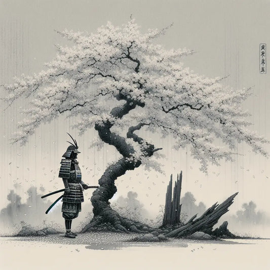 A minimalist depiction of a samurai in traditional armor holding a katana under softly falling cherry blossom petals, symbolizing honor and loyalty in feudal Japan.